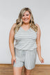 Sleeveless Striped Drawstring Romper- Heather Grey & Ivory