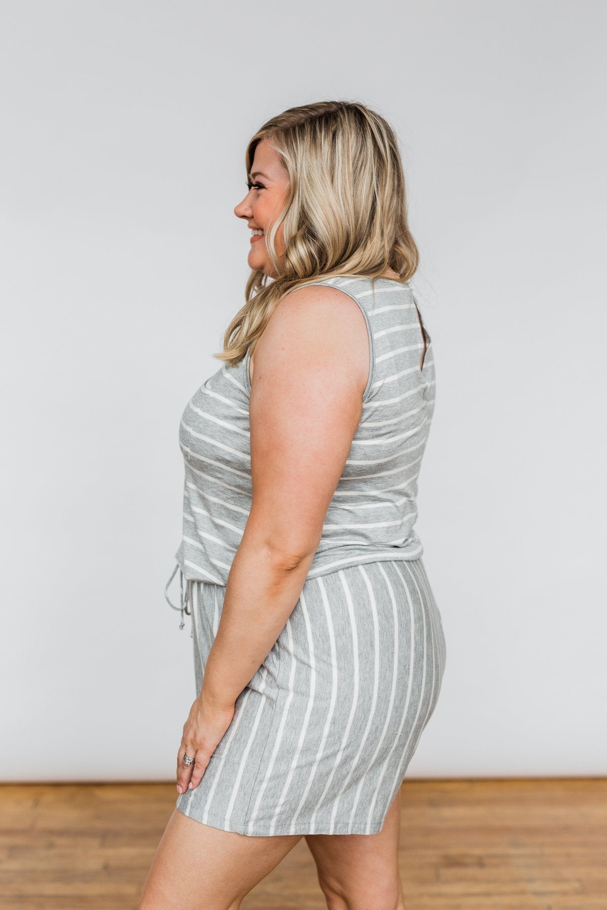 Sleeveless Striped Drawstring Romper- Heather Grey & Ivory