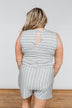 Sleeveless Striped Drawstring Romper- Heather Grey & Ivory