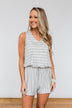 Sleeveless Striped Drawstring Romper- Heather Grey & Ivory