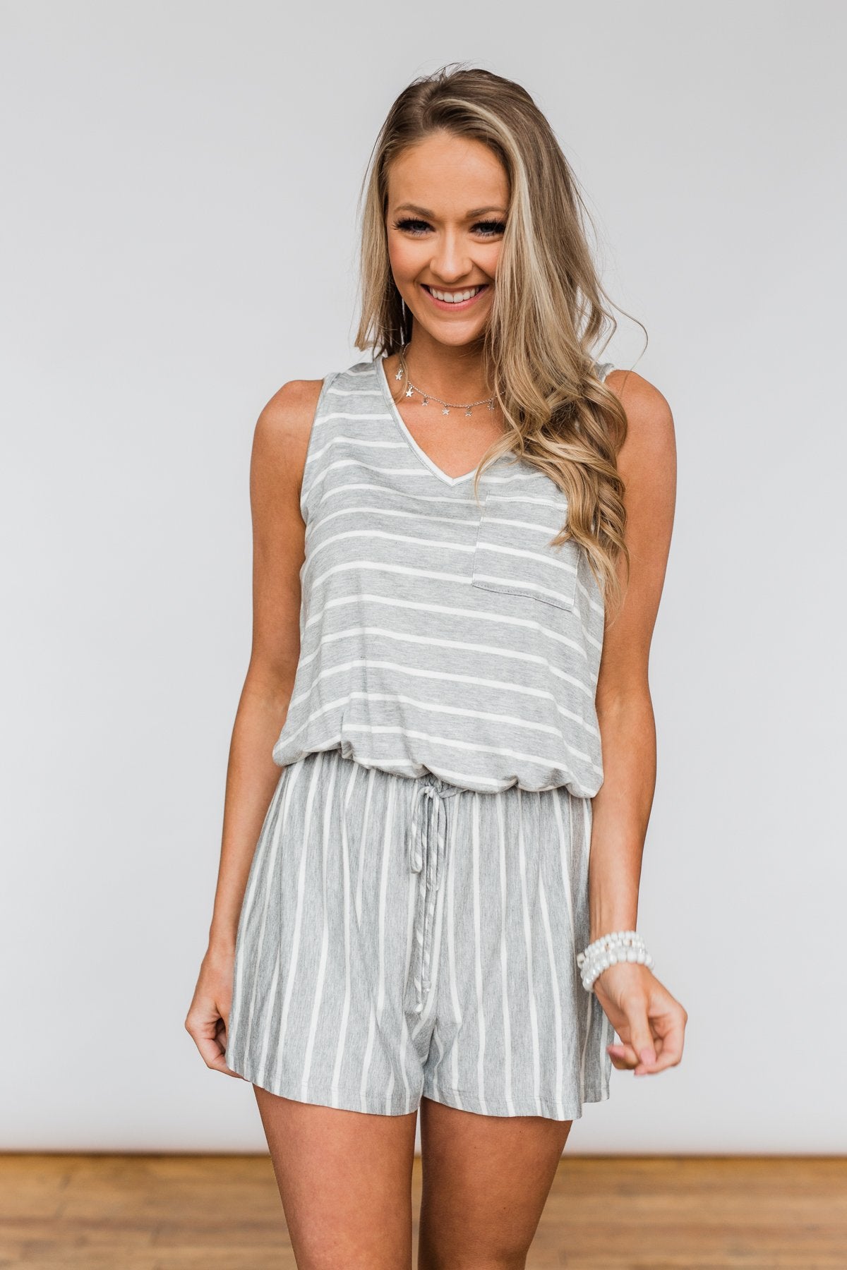 Sleeveless Striped Drawstring Romper- Heather Grey & Ivory
