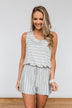 Sleeveless Striped Drawstring Romper- Heather Grey & Ivory