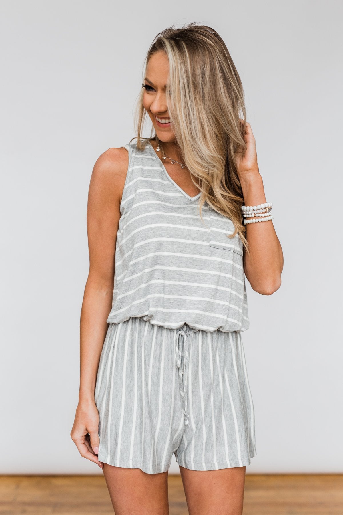 Sleeveless Striped Drawstring Romper- Heather Grey & Ivory