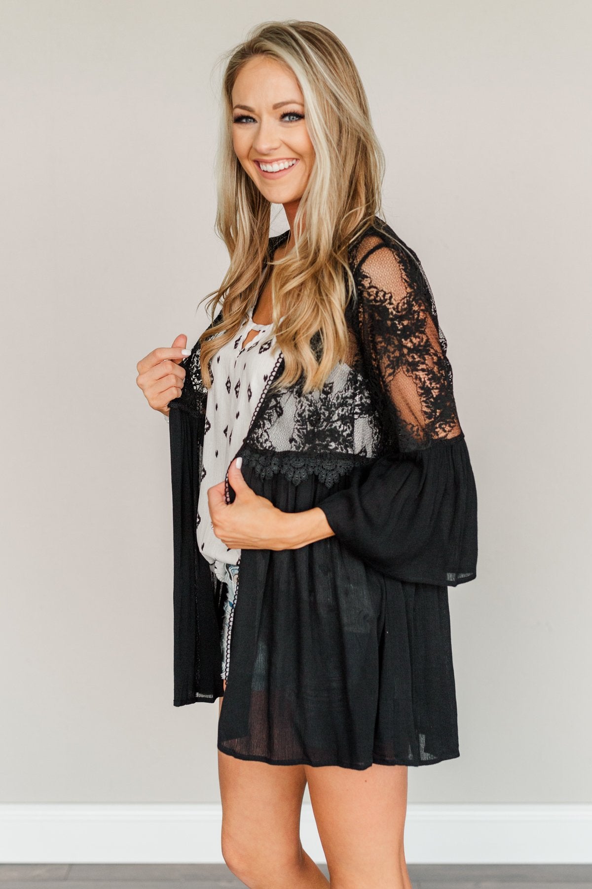 Brighter Days Ahead Lace Kimono- Black