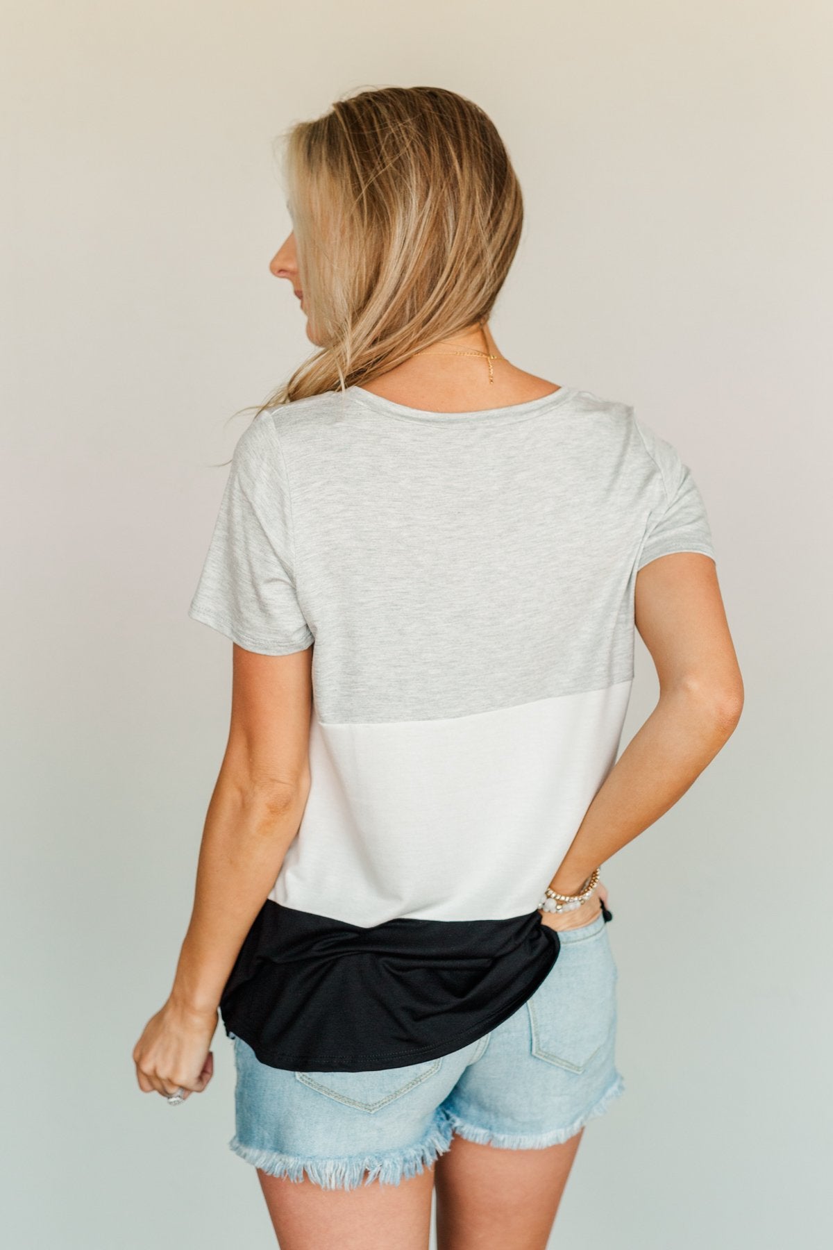 Over The Horizon Color Block Top- Grey, Ivory & Black