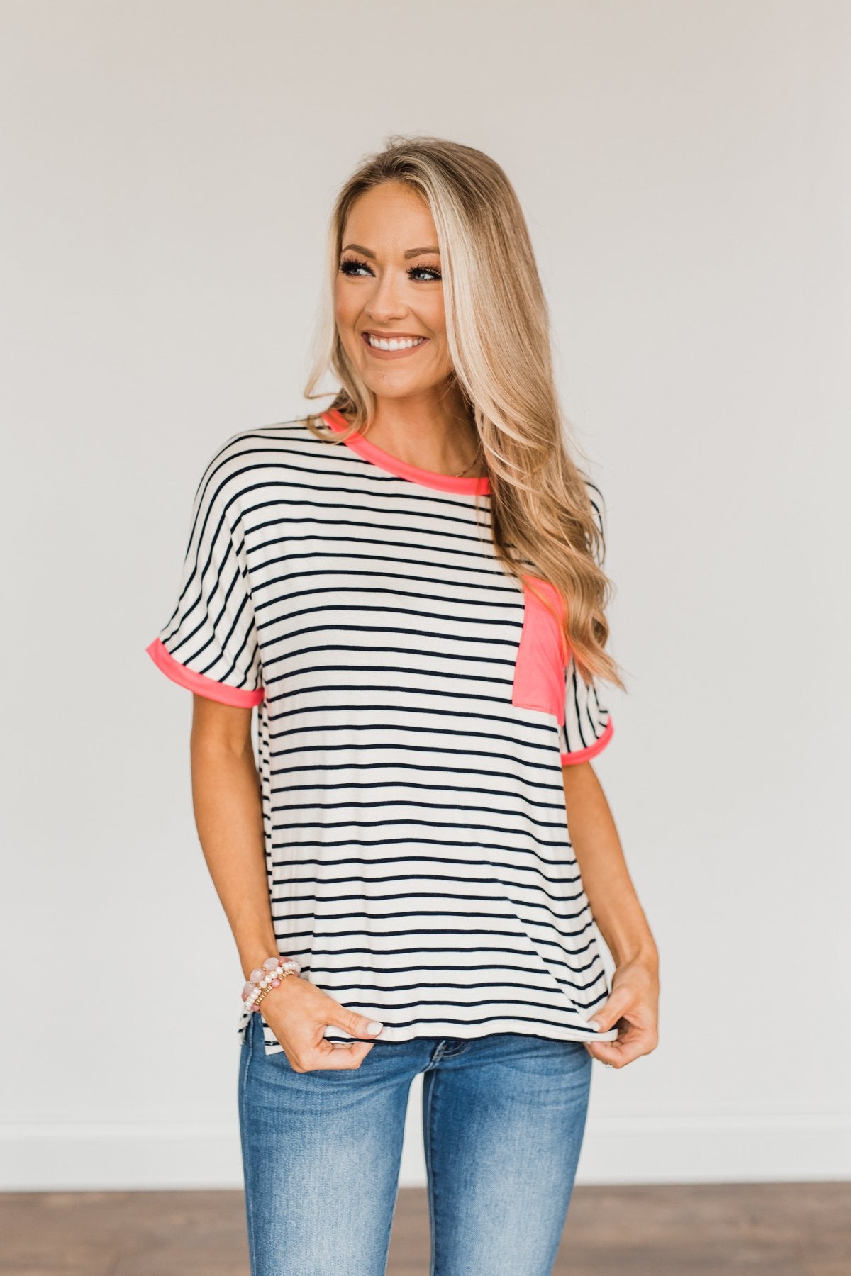 Make Way For Spring Striped Pocket Top- Ivory & Navy