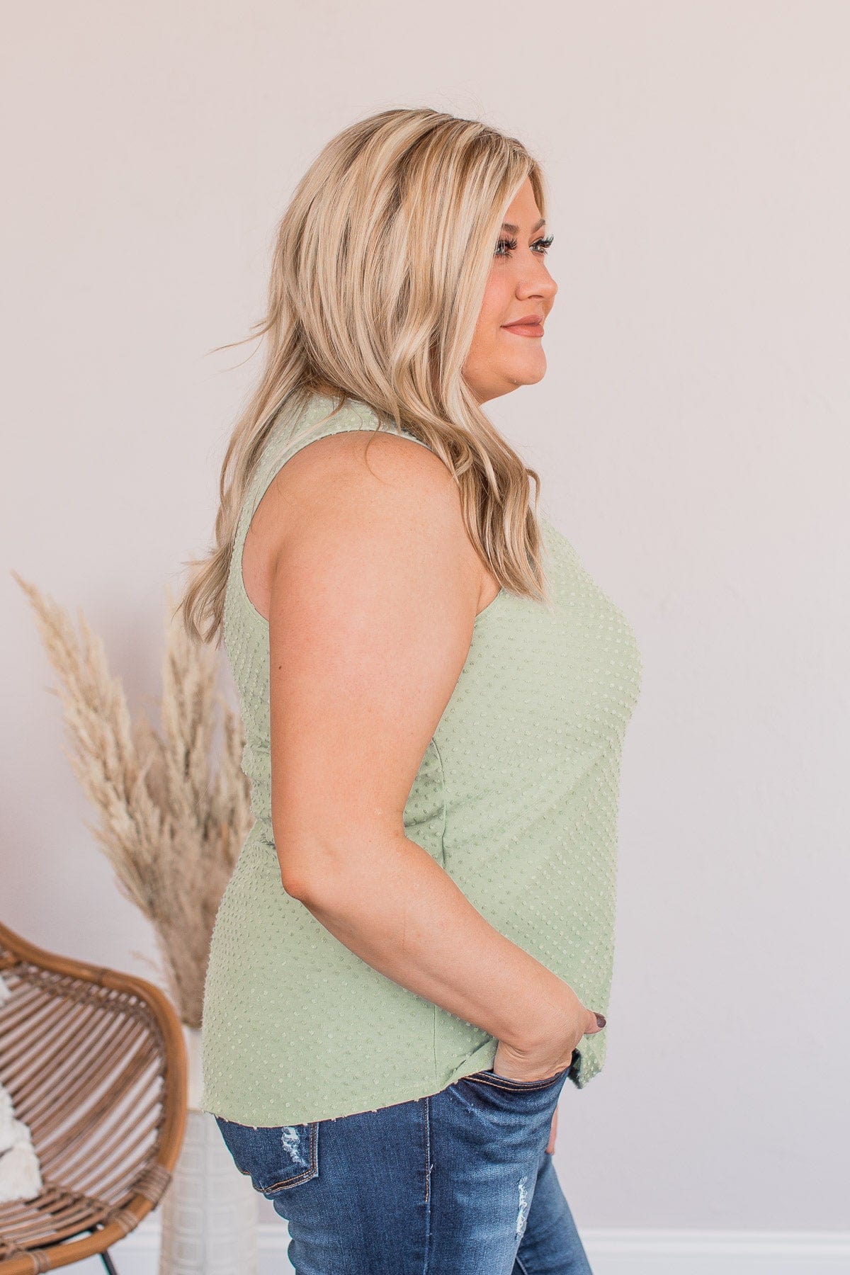 Owns My Heart V-Neck Tank Top- Dusty Sage