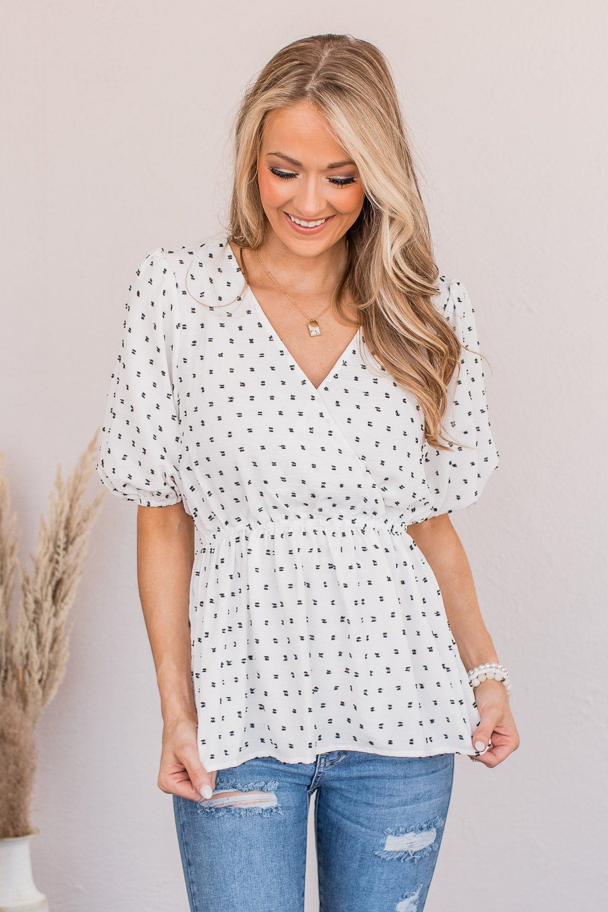 Think Happy Thoughts Swiss Dot Top- White