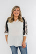 Leopard Sleeve Waffle Notch Top- Ivory, Charcoal, Blush