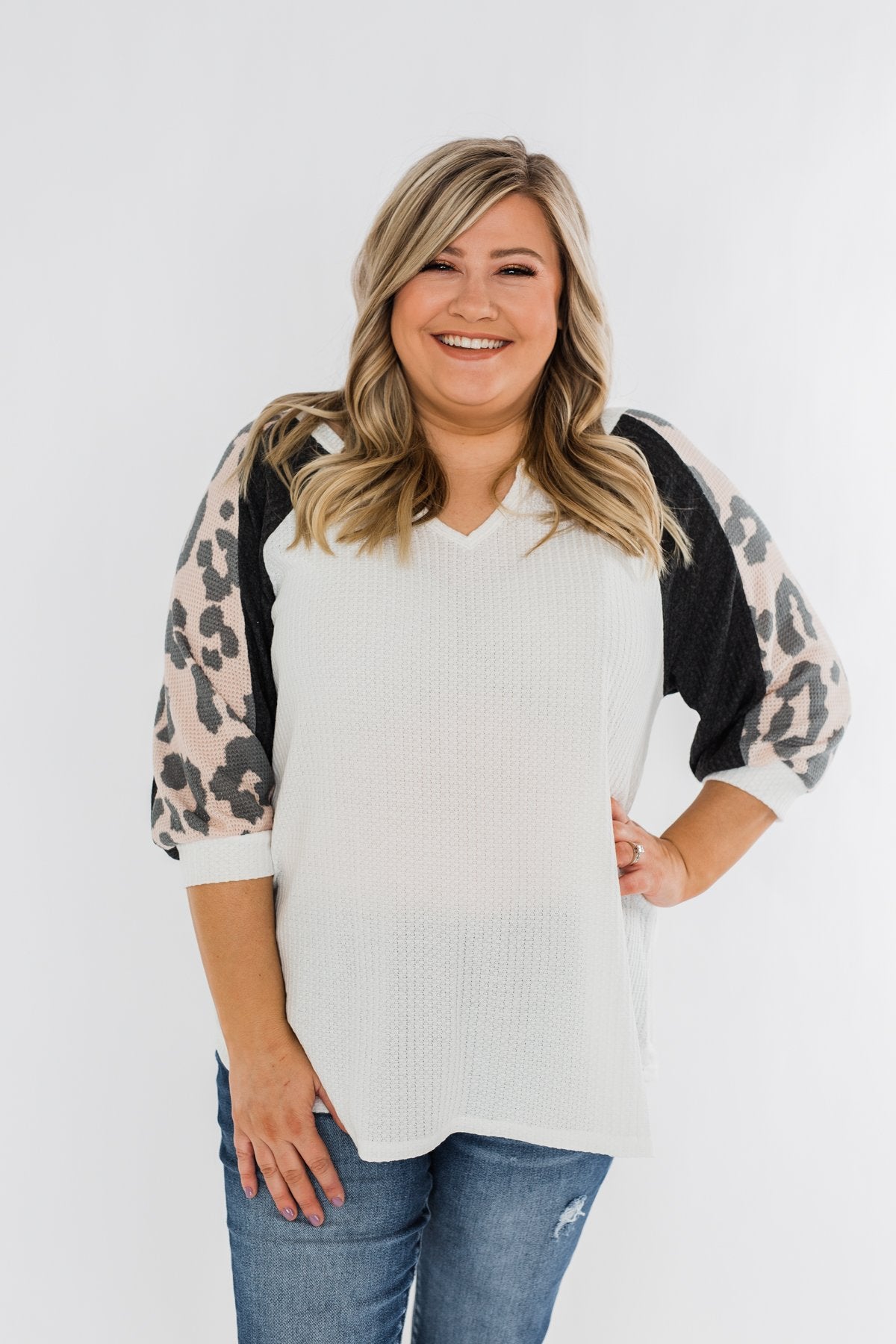 Leopard Sleeve Waffle Notch Top- Ivory, Charcoal, Blush