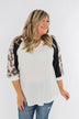 Leopard Sleeve Waffle Notch Top- Ivory, Charcoal, Blush
