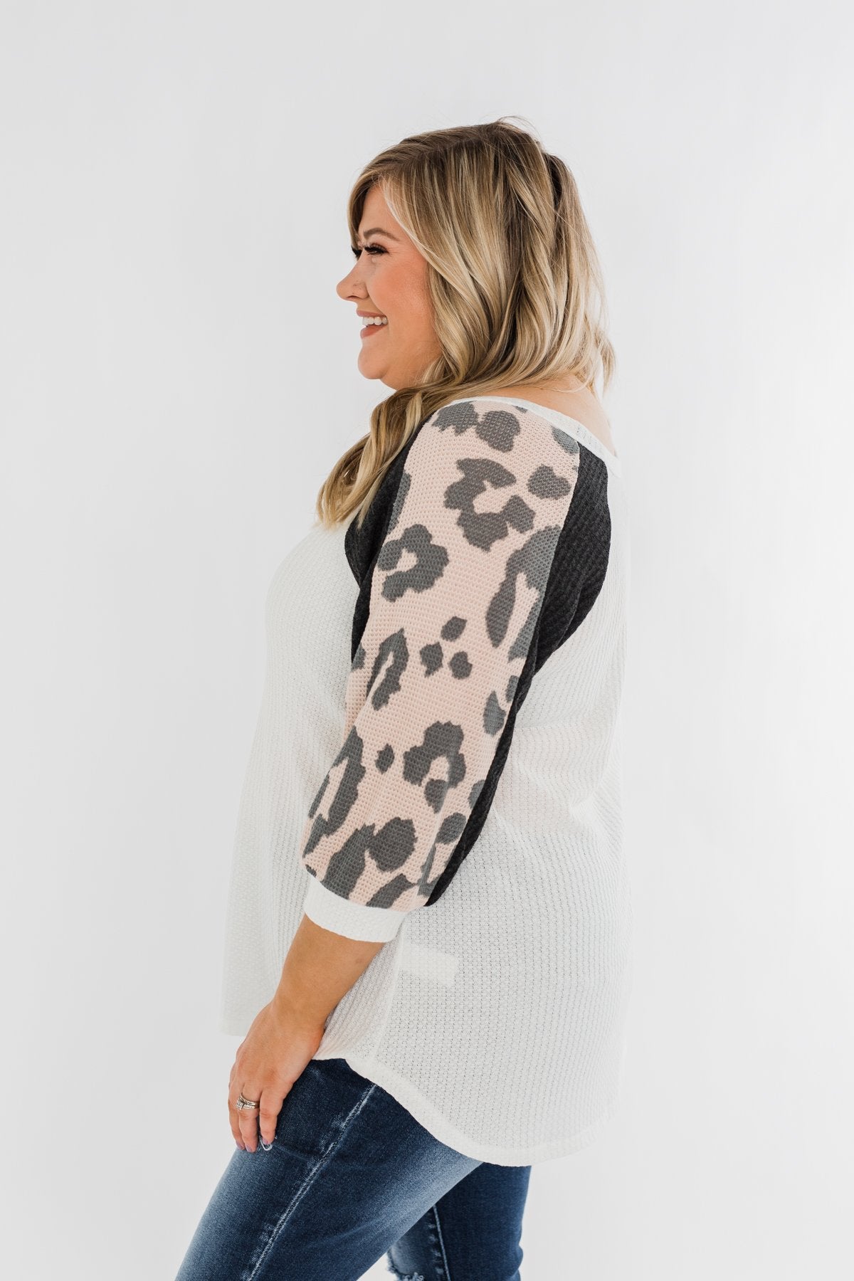 Leopard Sleeve Waffle Notch Top- Ivory, Charcoal, Blush