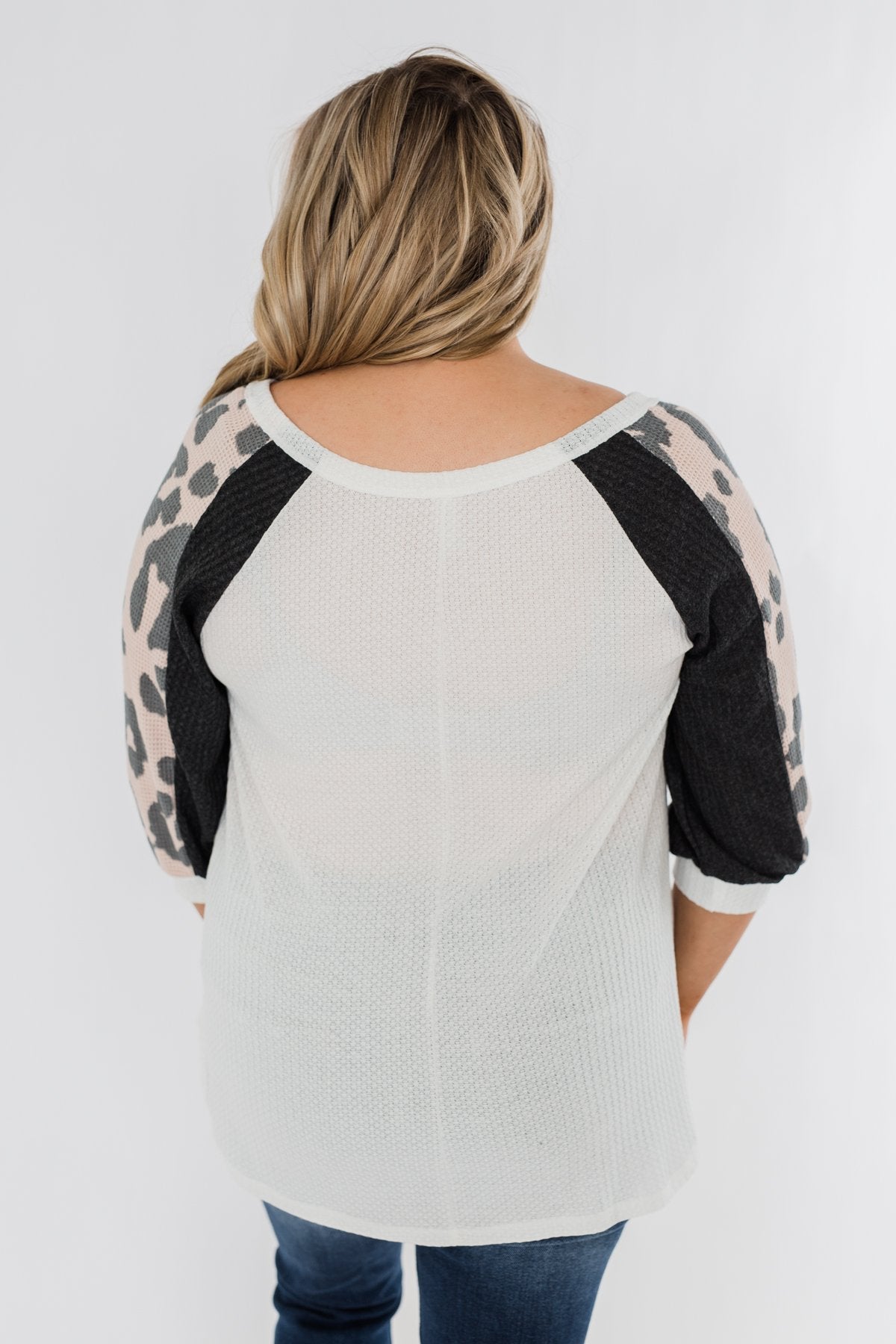 Leopard Sleeve Waffle Notch Top- Ivory, Charcoal, Blush