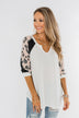 Leopard Sleeve Waffle Notch Top- Ivory, Charcoal, Blush
