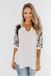 Leopard Sleeve Waffle Notch Top- Ivory, Charcoal, Blush