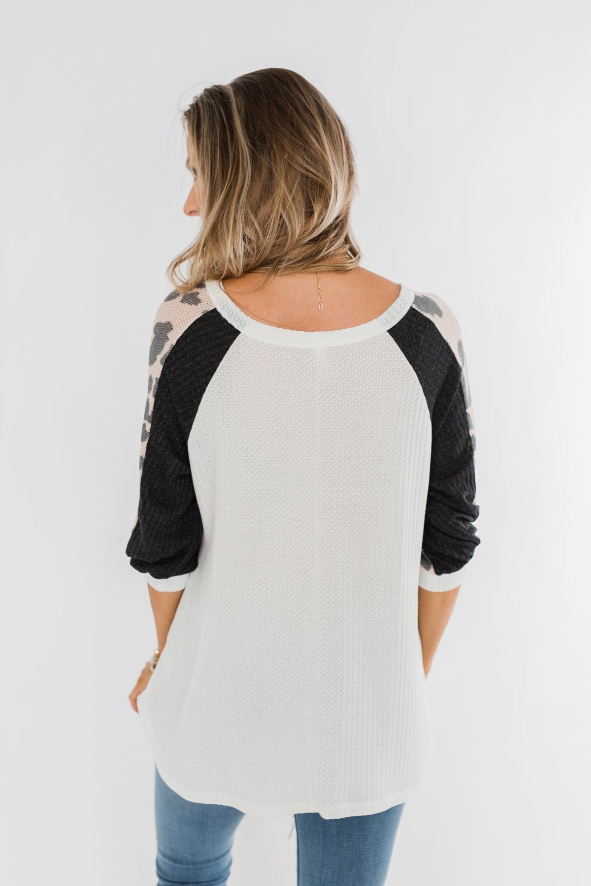 Leopard Sleeve Waffle Notch Top- Ivory, Charcoal, Blush