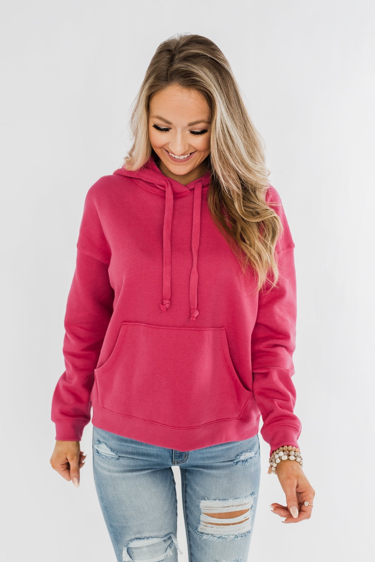 Keep It Cozy Cropped Hoodie- Hot Pink
