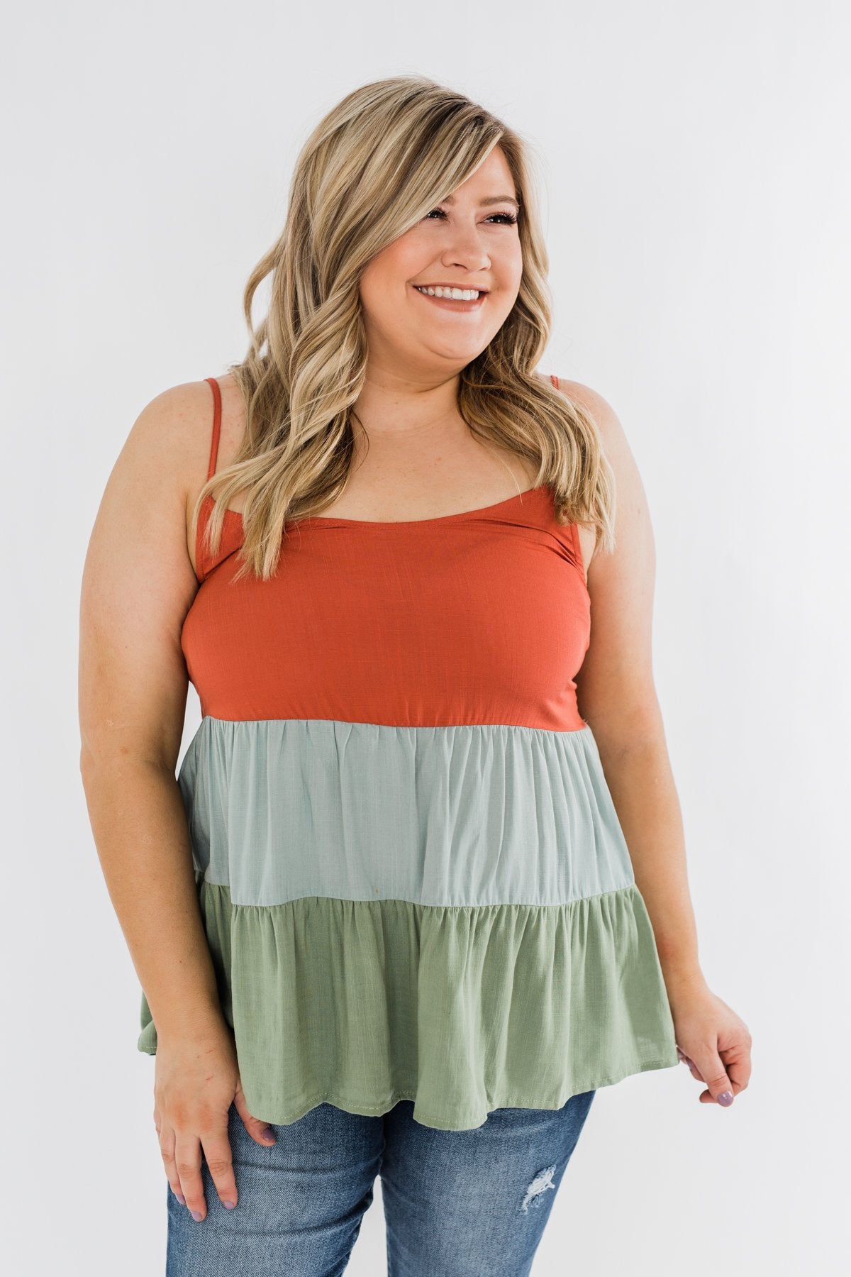 Lingering Feelings Color Block Tank Top- Rust, Slate Blue, & Green