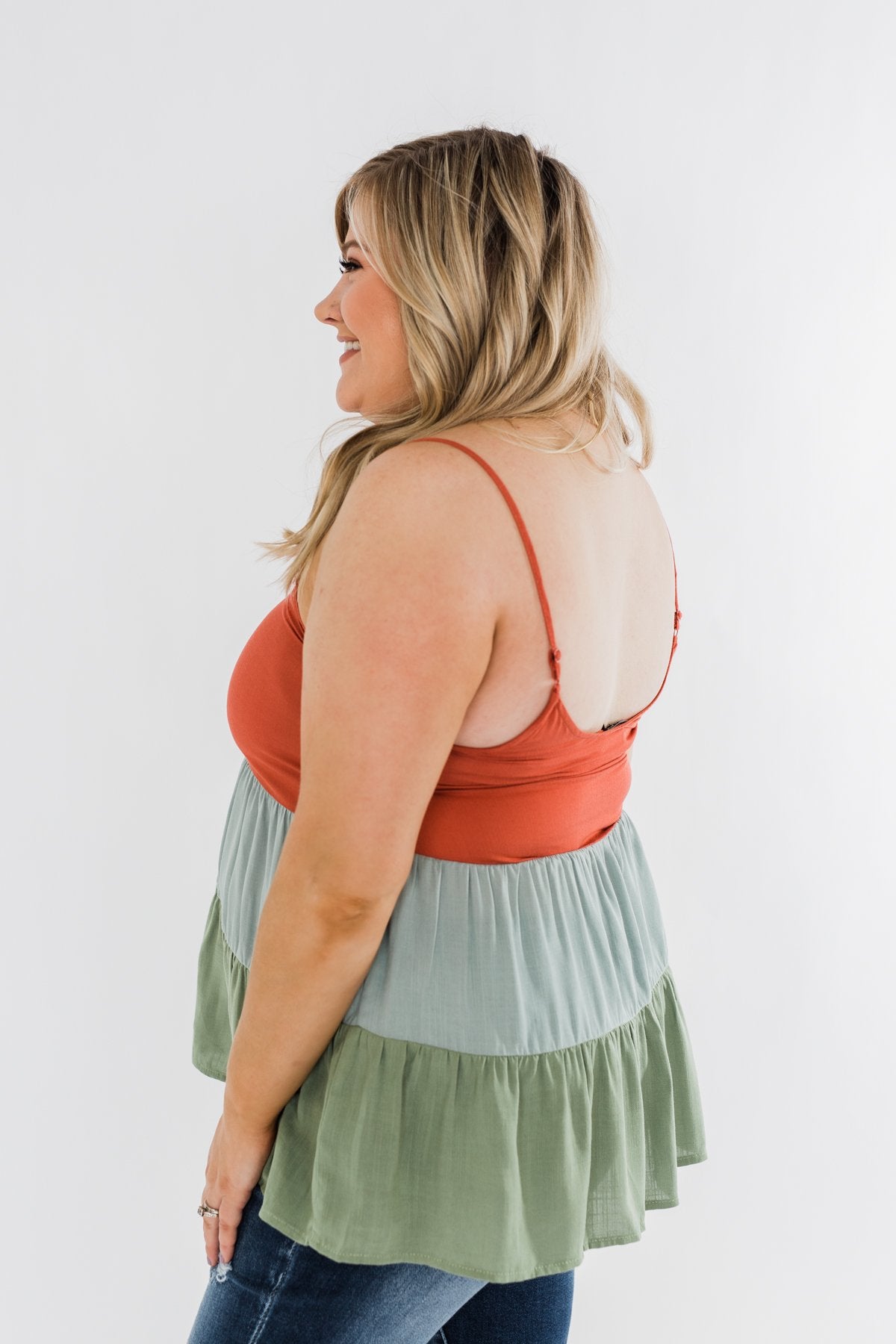 Lingering Feelings Color Block Tank Top- Rust, Slate Blue, & Green