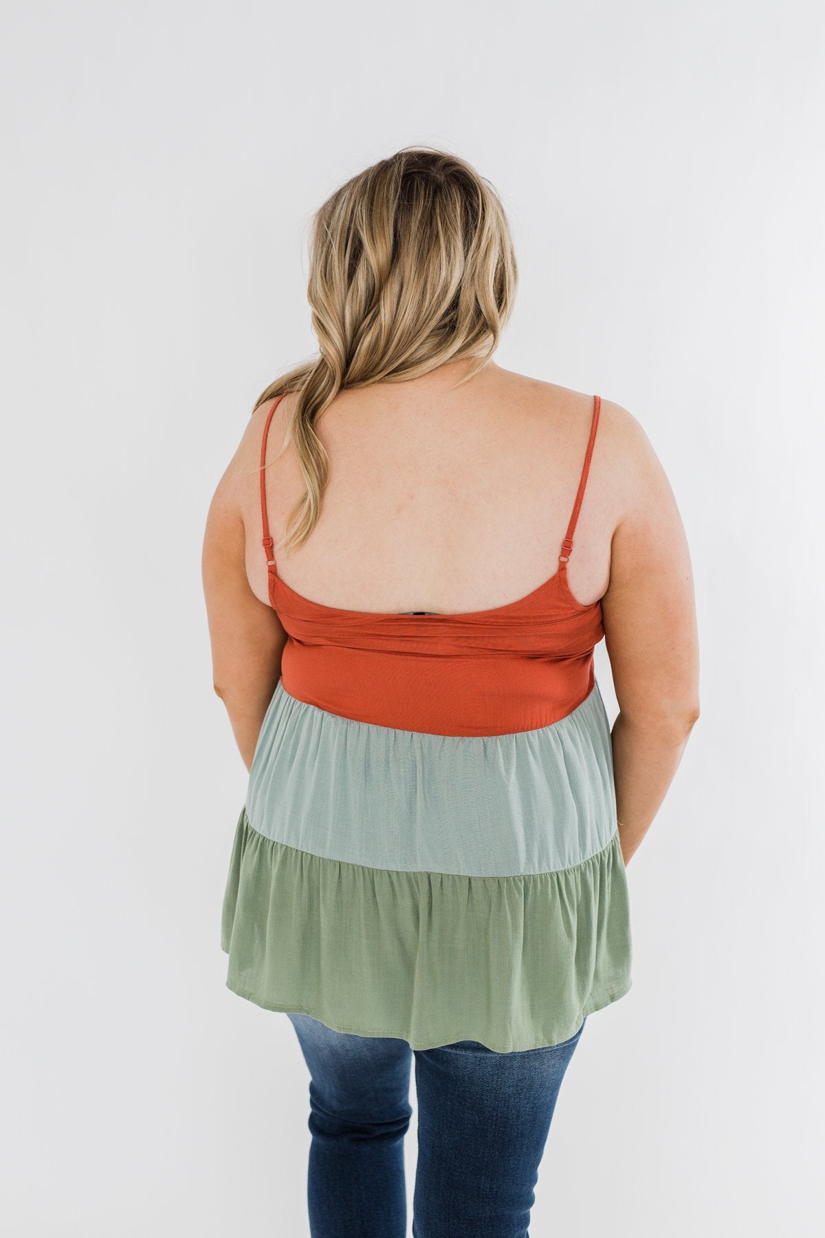 Lingering Feelings Color Block Tank Top- Rust, Slate Blue, & Green