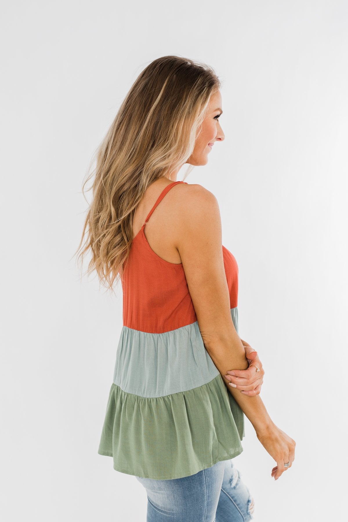 Lingering Feelings Color Block Tank Top- Rust, Slate Blue, & Green