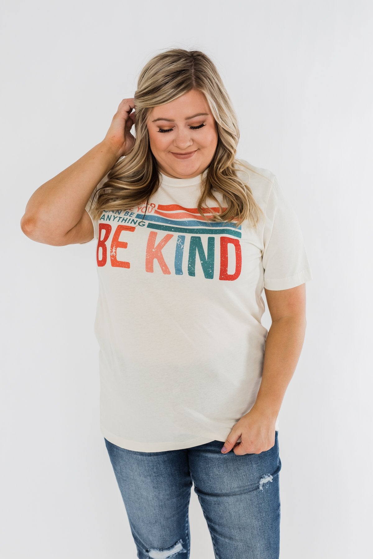 "Where You Can Be Anything, Be Kind" Colorful Graphic Tee- Cream