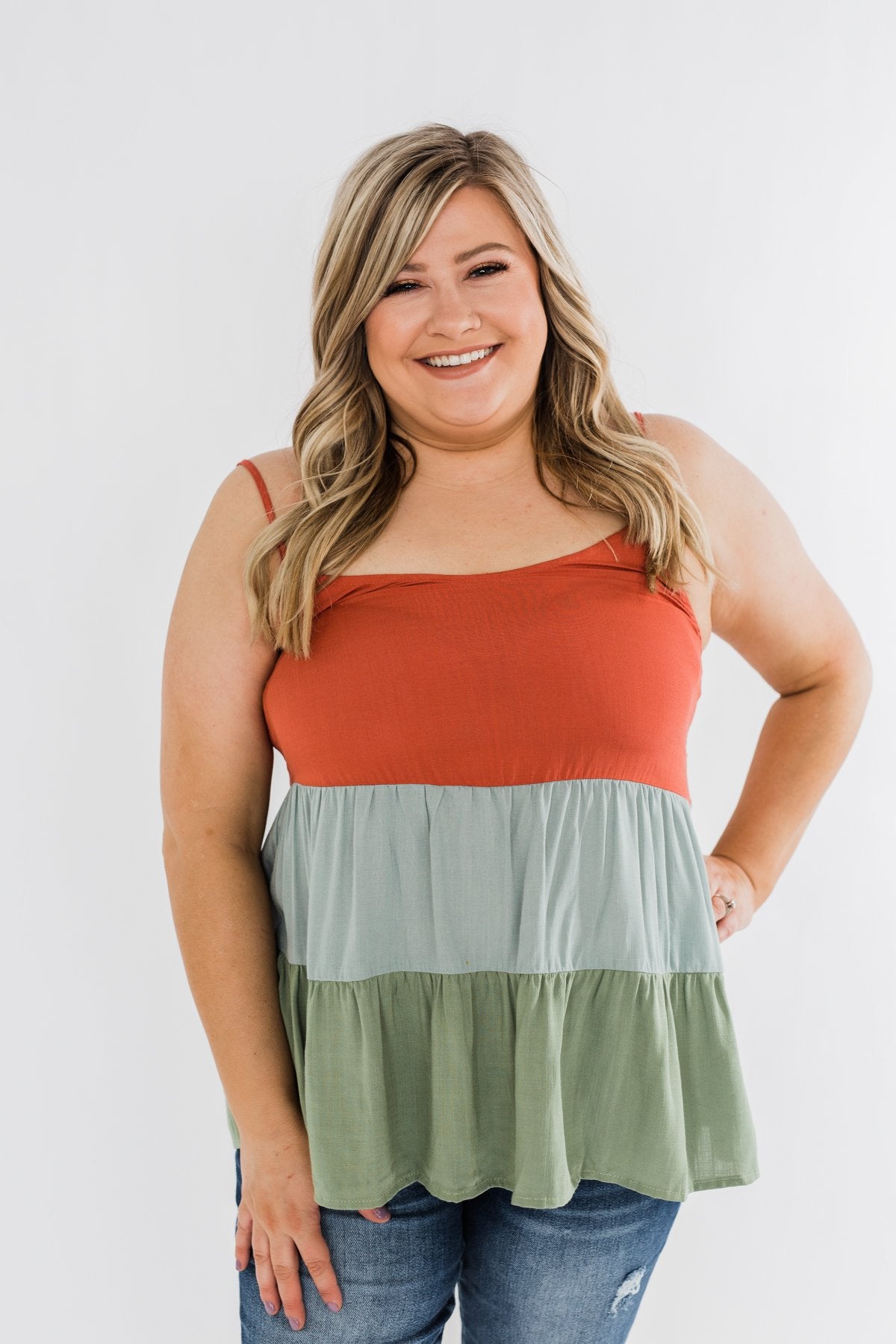 Lingering Feelings Color Block Tank Top- Rust, Slate Blue, & Green