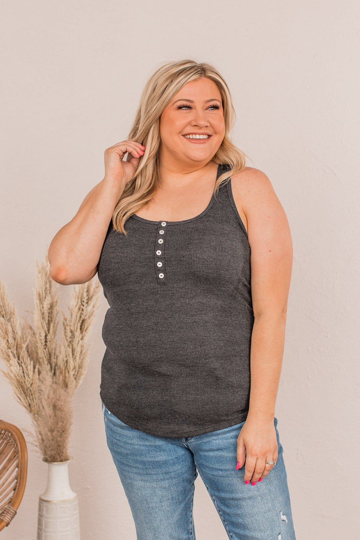 Tight Knit Love Button Tank- Charcoal