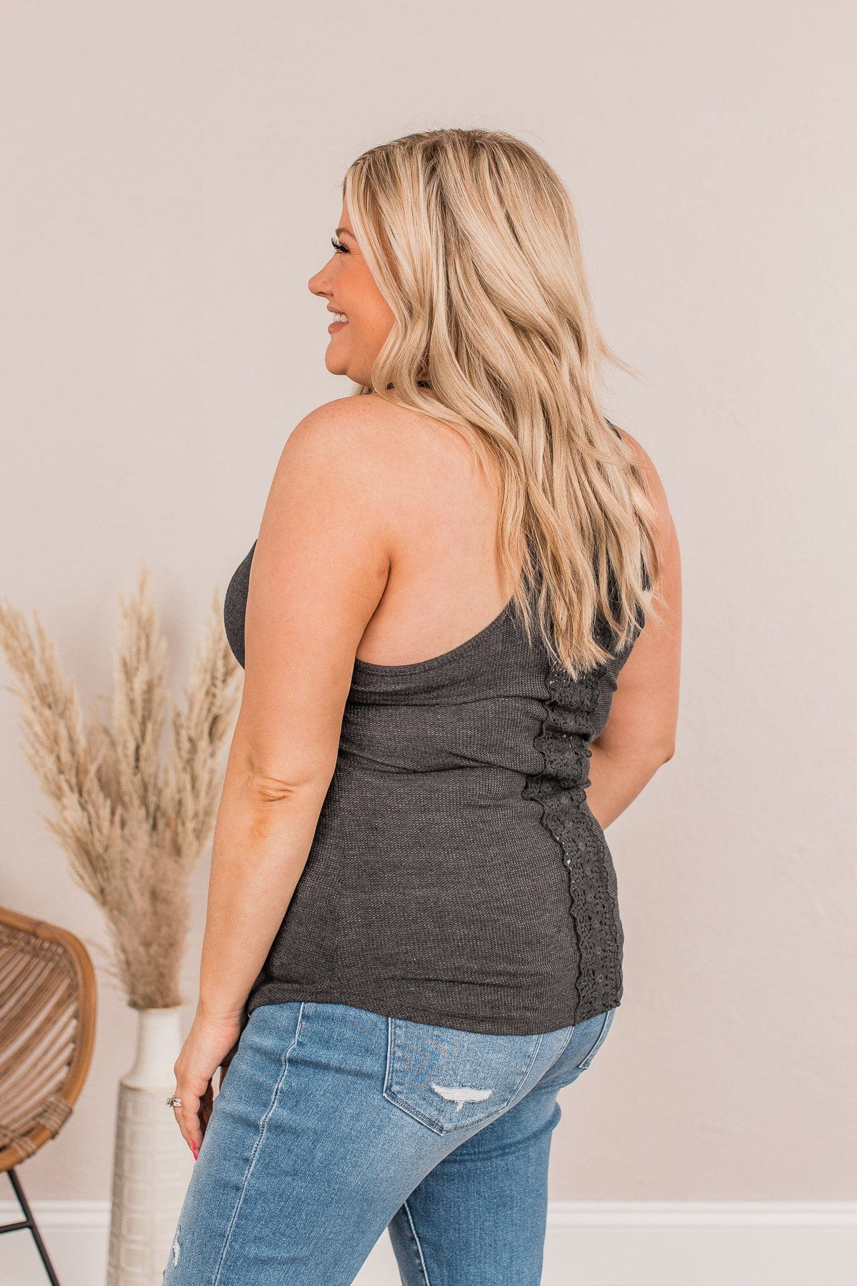 Tight Knit Love Button Tank- Charcoal