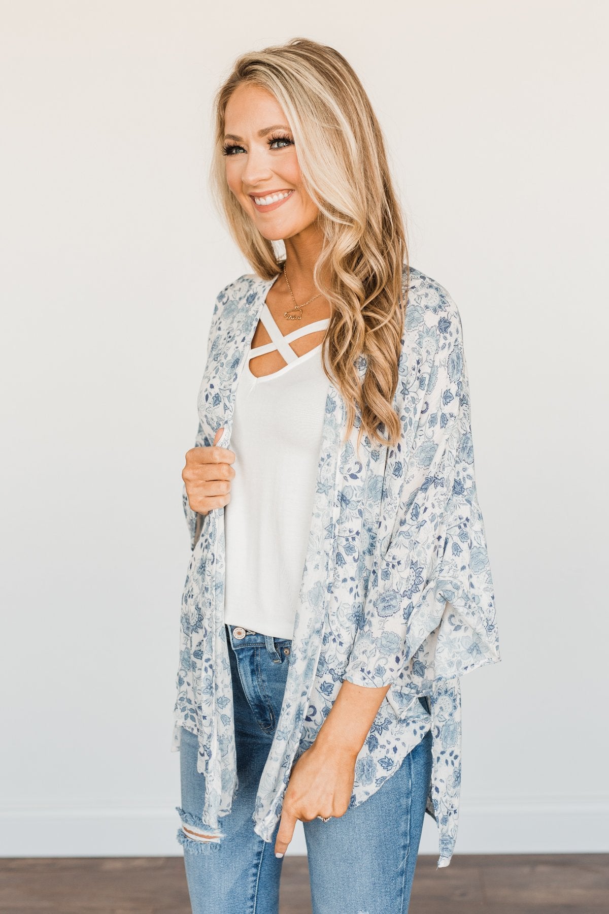 Thoughtful Wishes Floral Kimono- Ivory & Blue