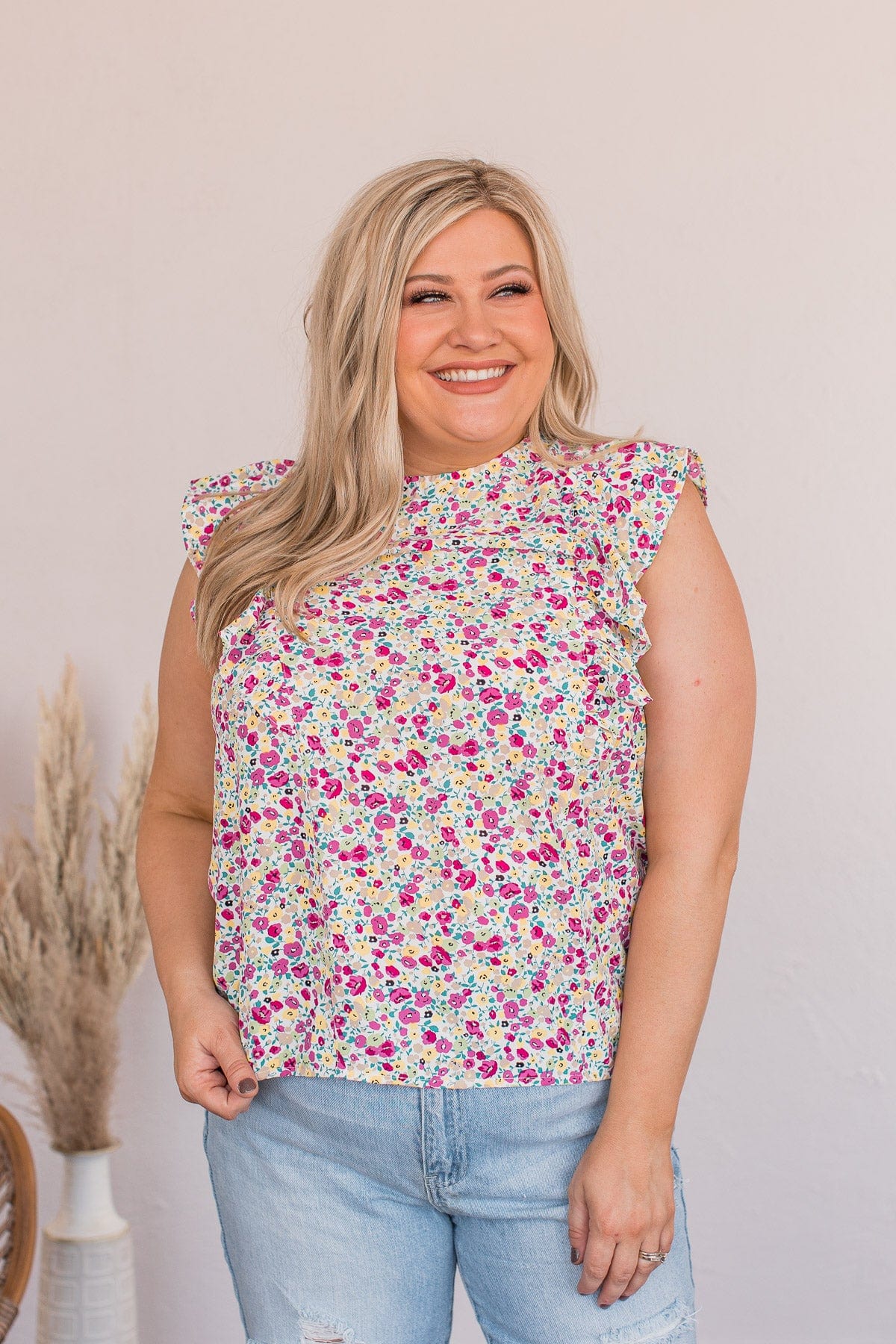 I Know The Way Ruffle Sleeve Blouse- White & Pink