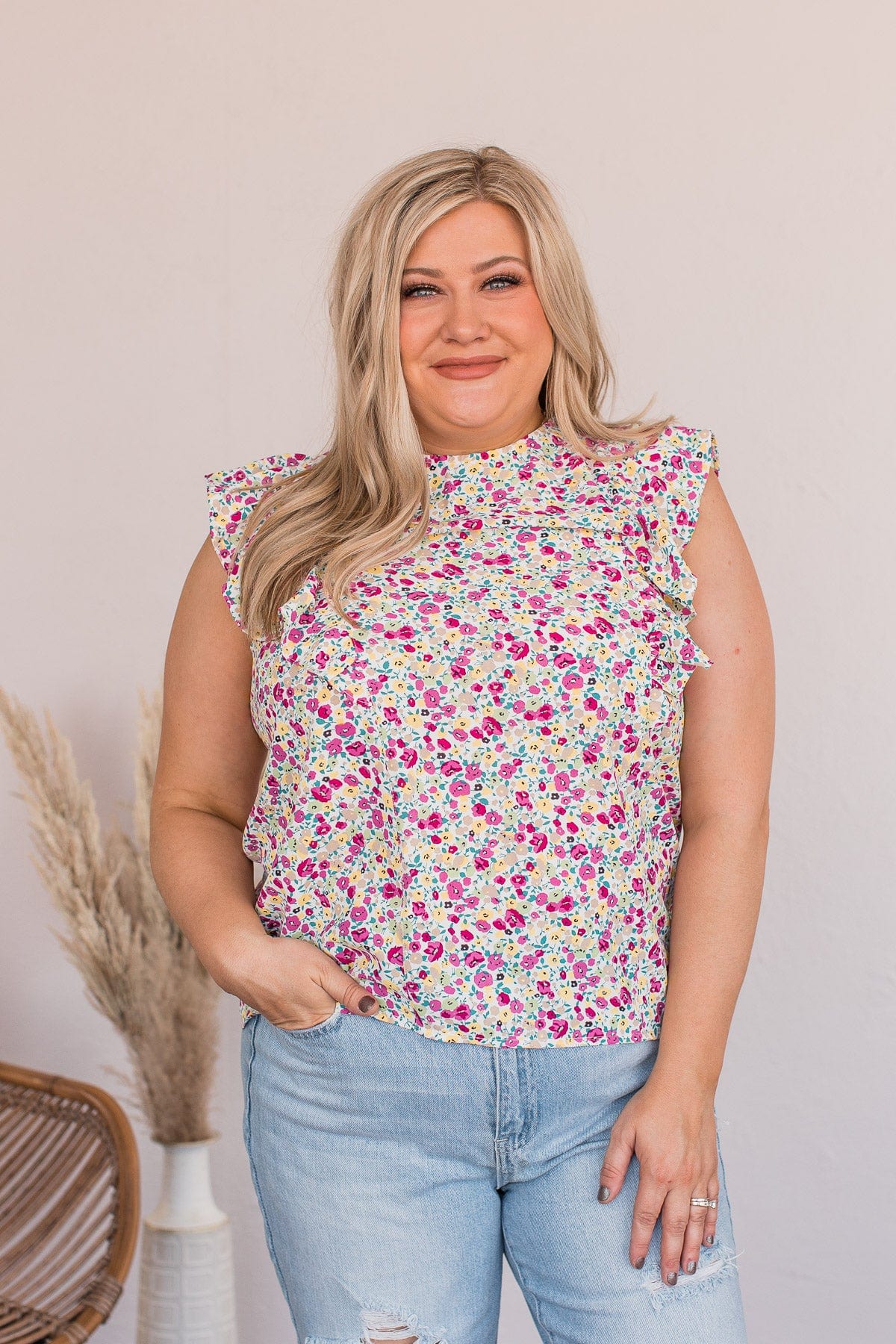 I Know The Way Ruffle Sleeve Blouse- White & Pink
