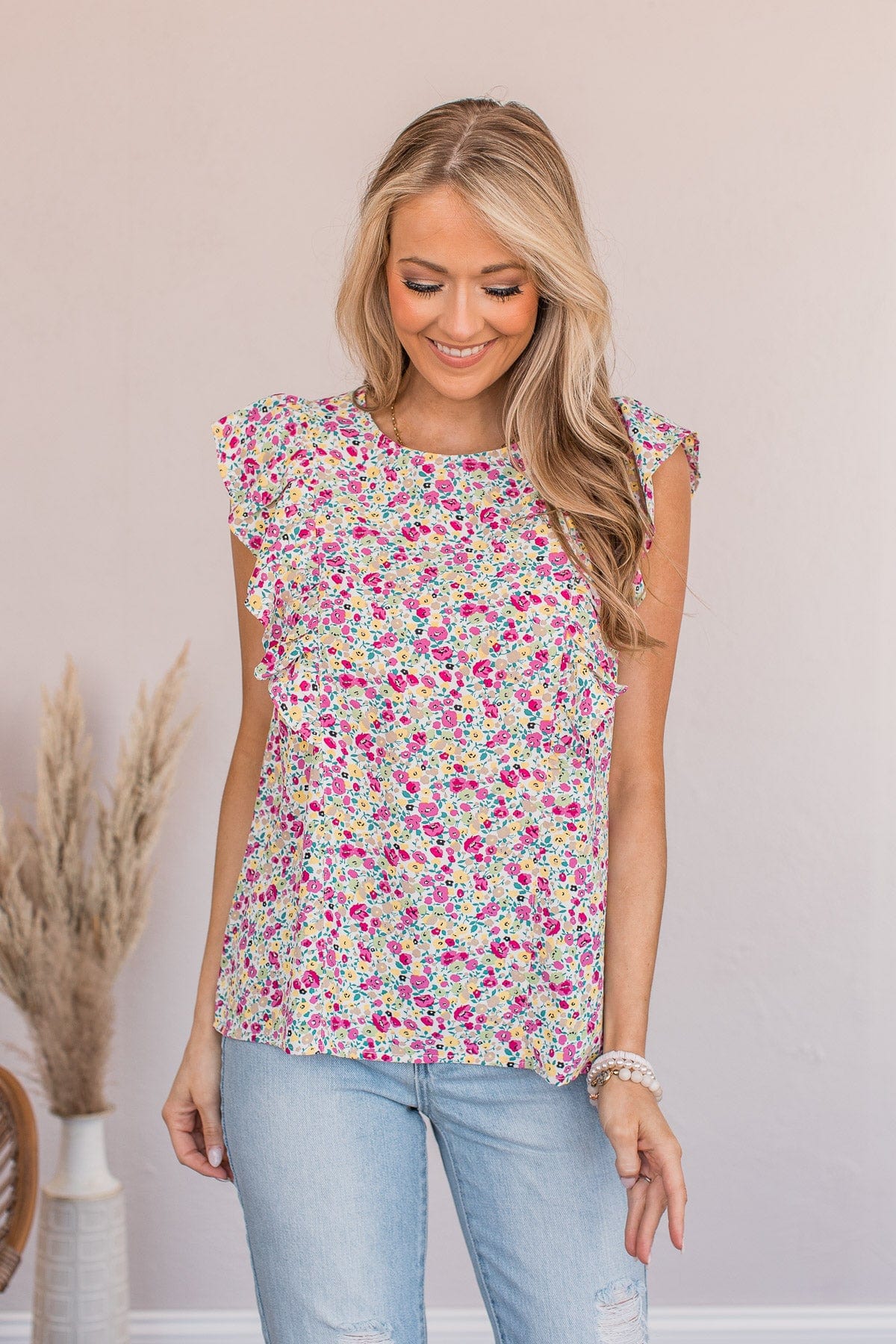I Know The Way Ruffle Sleeve Blouse- White & Pink