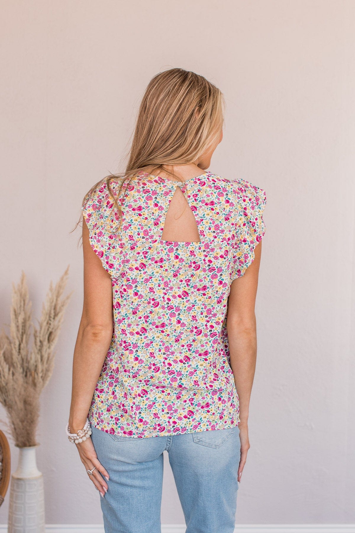 I Know The Way Ruffle Sleeve Blouse- White & Pink