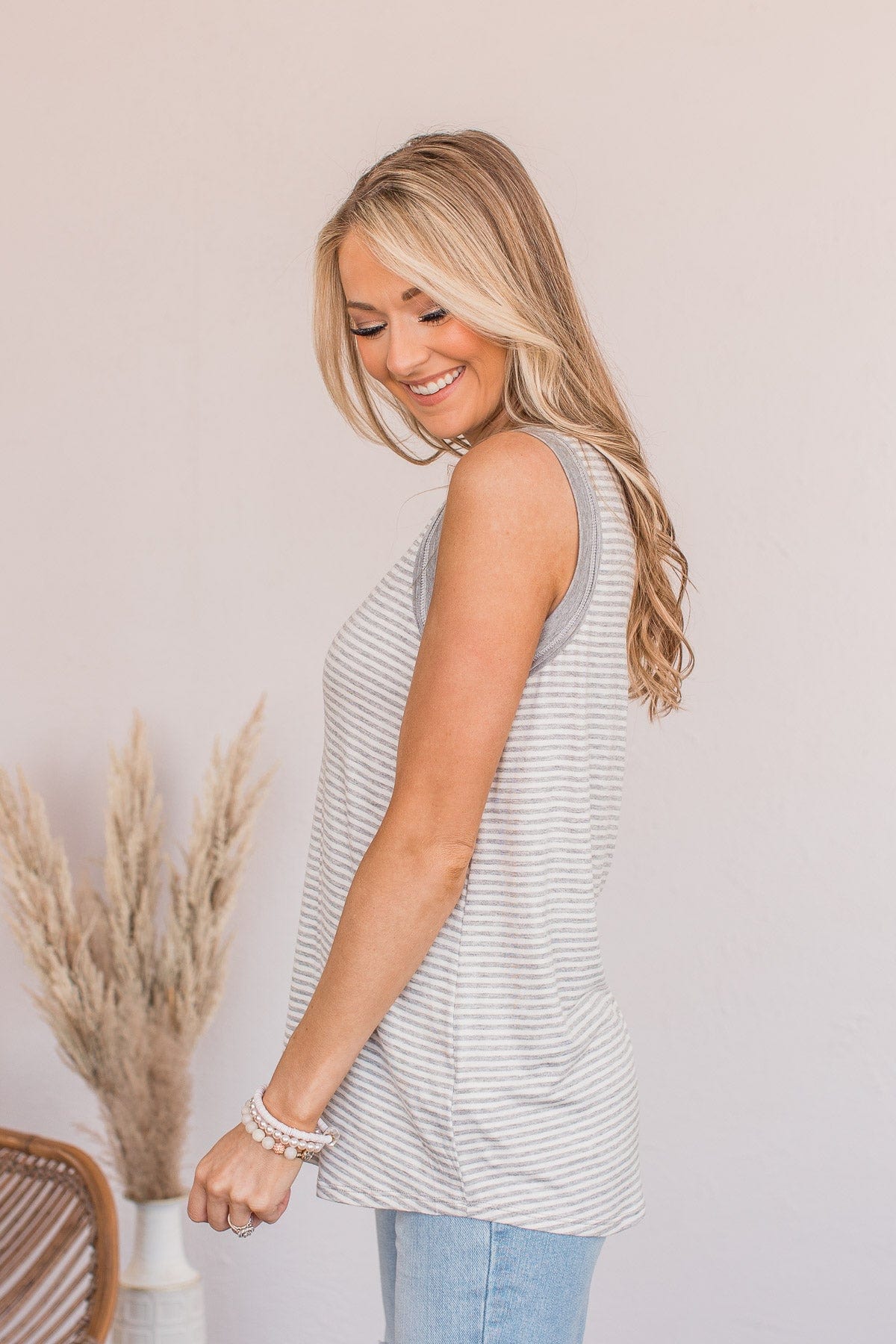 Moments To Remember Striped Tank- Gray