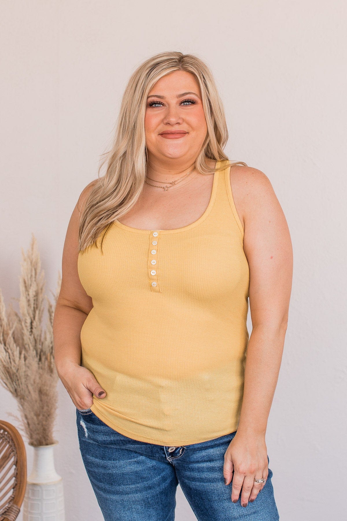 Tight Knit Love Button Tank- Mustard