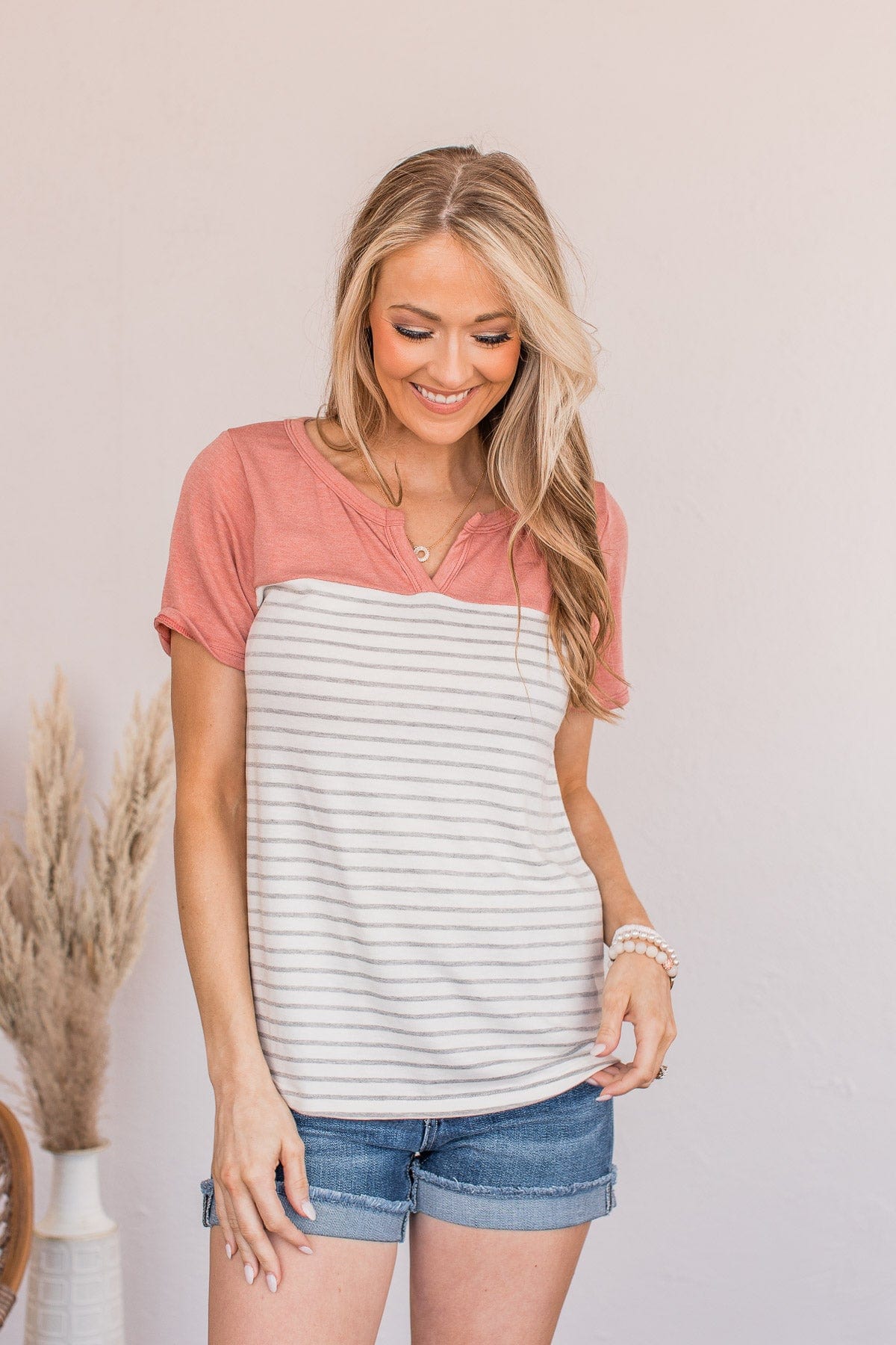 Ready For What's Next V-Neck Top- Dusty Coral