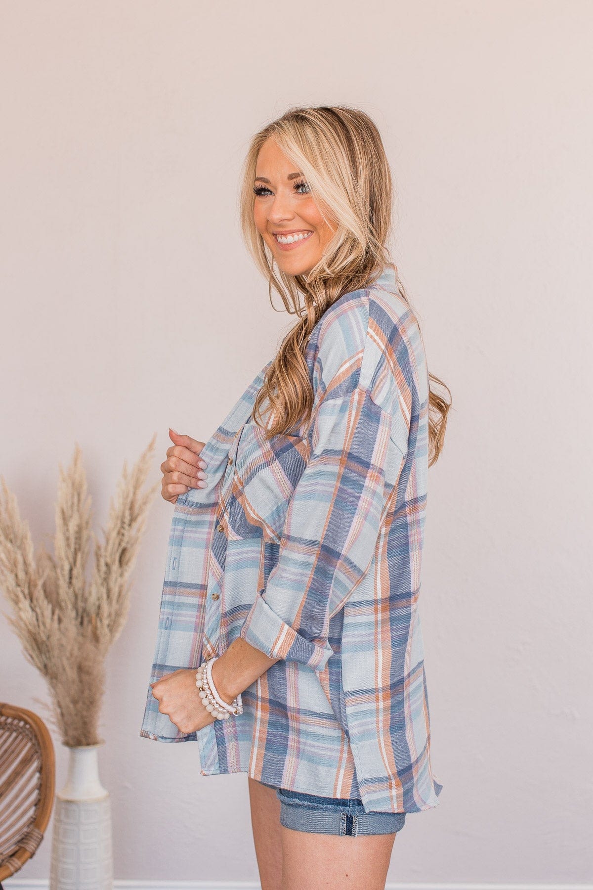 Kindness Is Free Plaid Button Top- Denim Blue