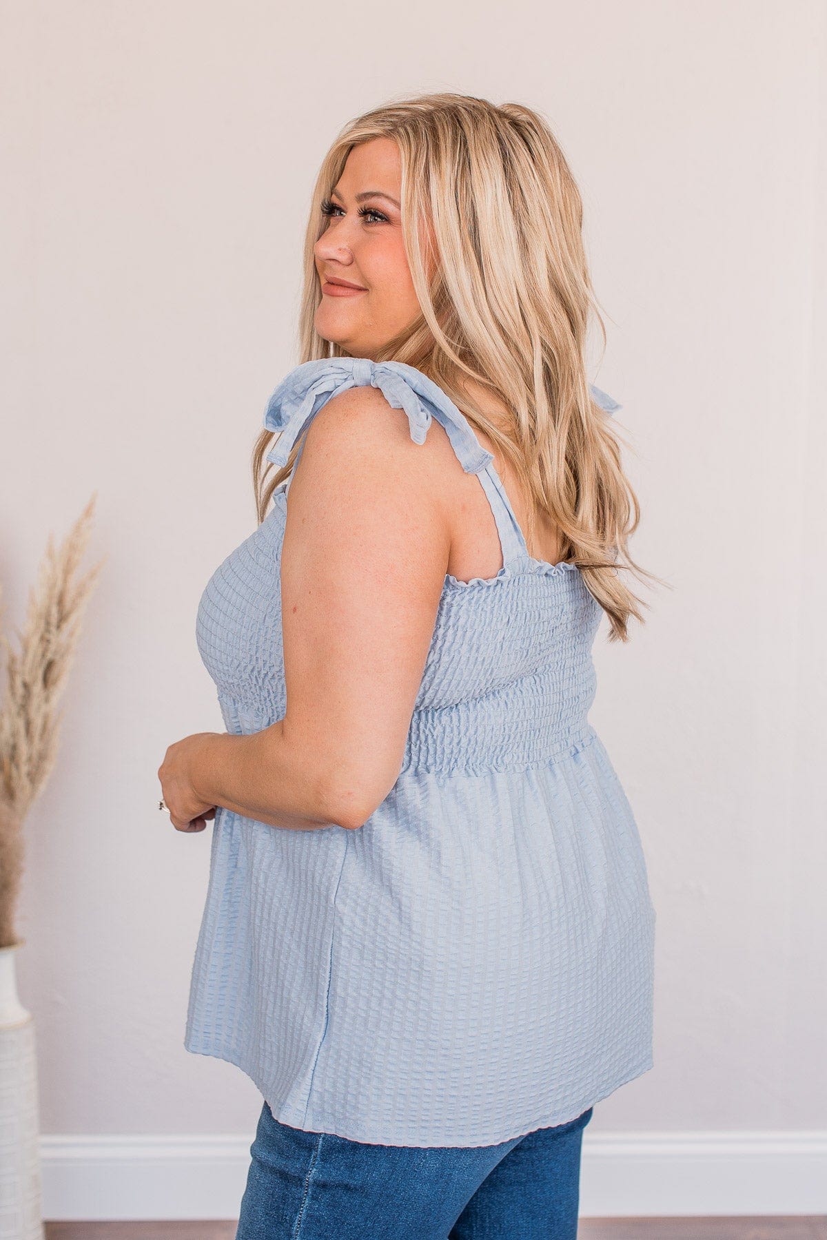Down The Path Smocked Tank- Denim Blue