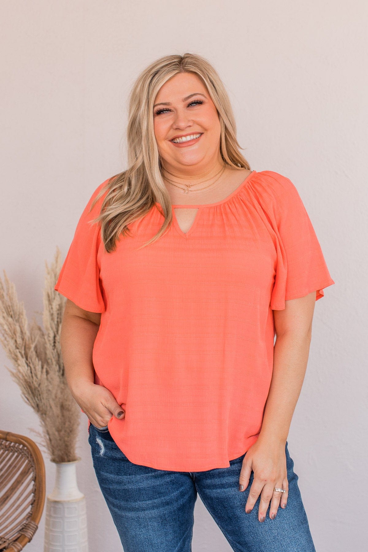 Energy Abounds Flutter Sleeve Top- Coral
