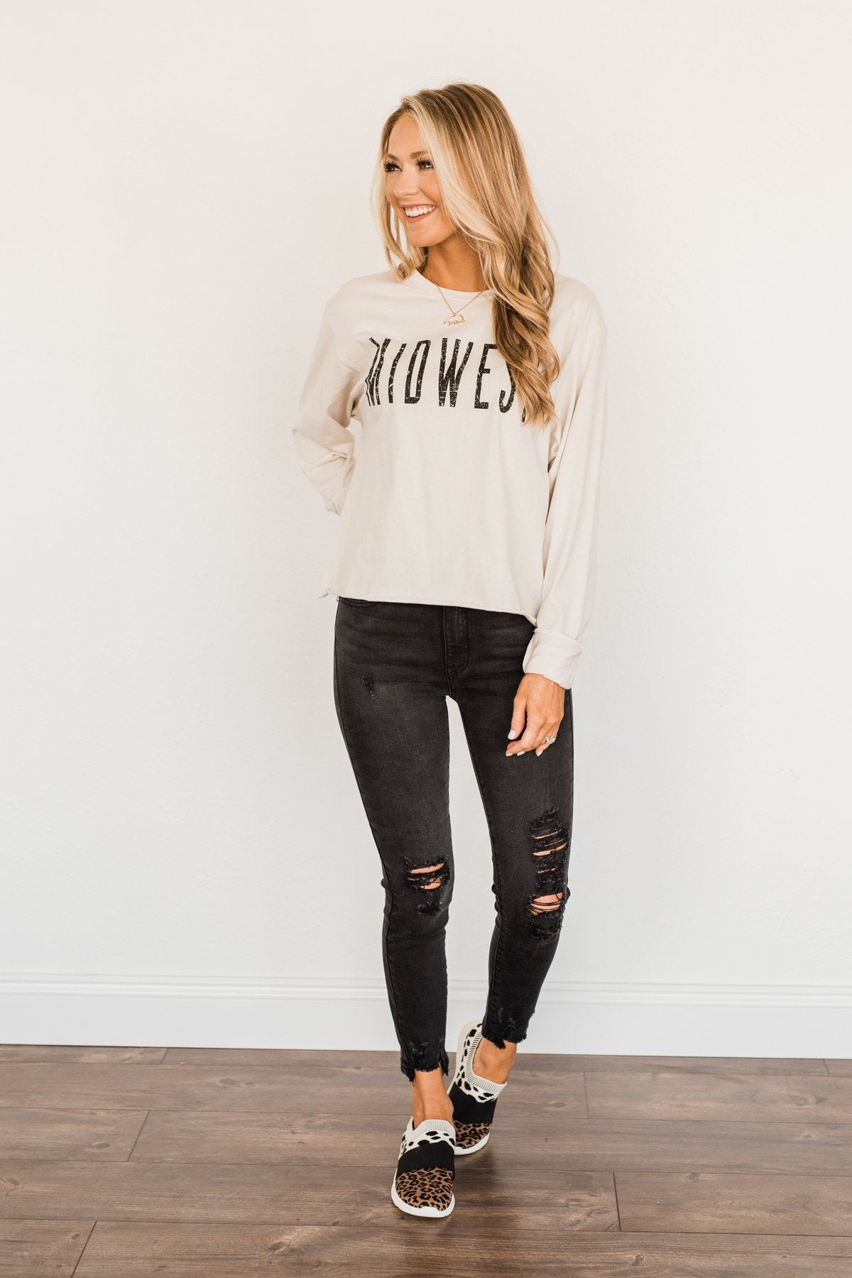 "Midwest" Raw Hem Graphic Top- Light Beige