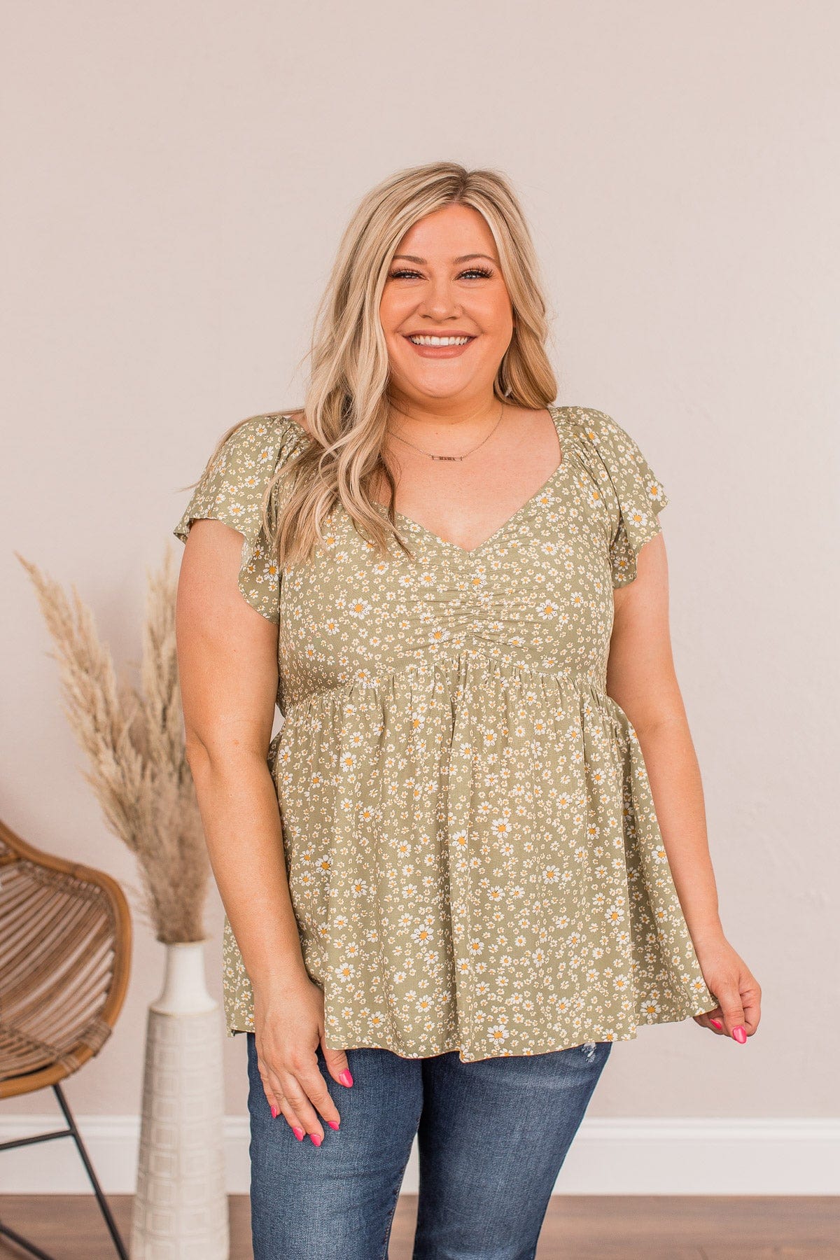 Dreaming Of Daisies Floral Top- Olive