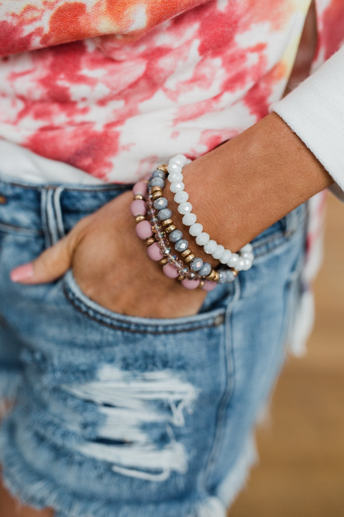 4 Stack Beaded Bracelet Set- Mauve, Grey, White