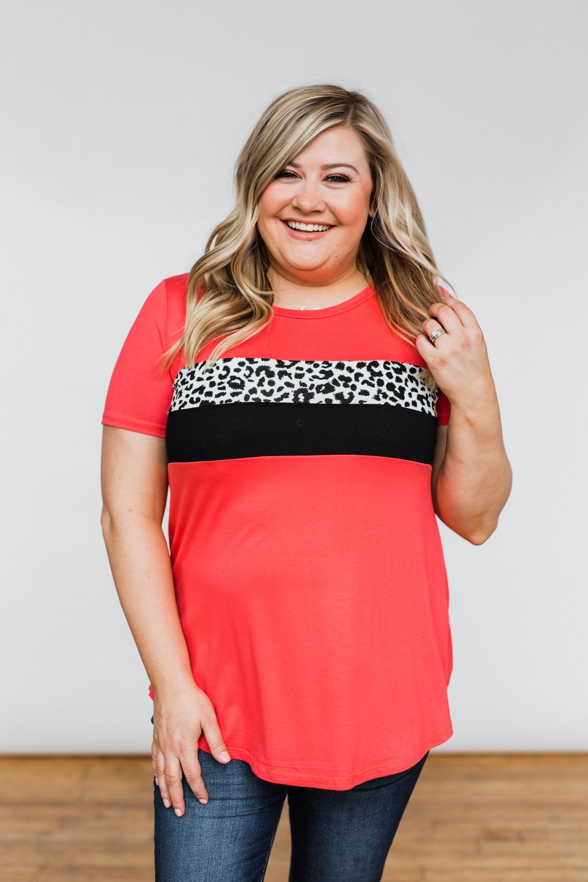 Brighten Your Day Leopard Stripe Top- Deep Coral
