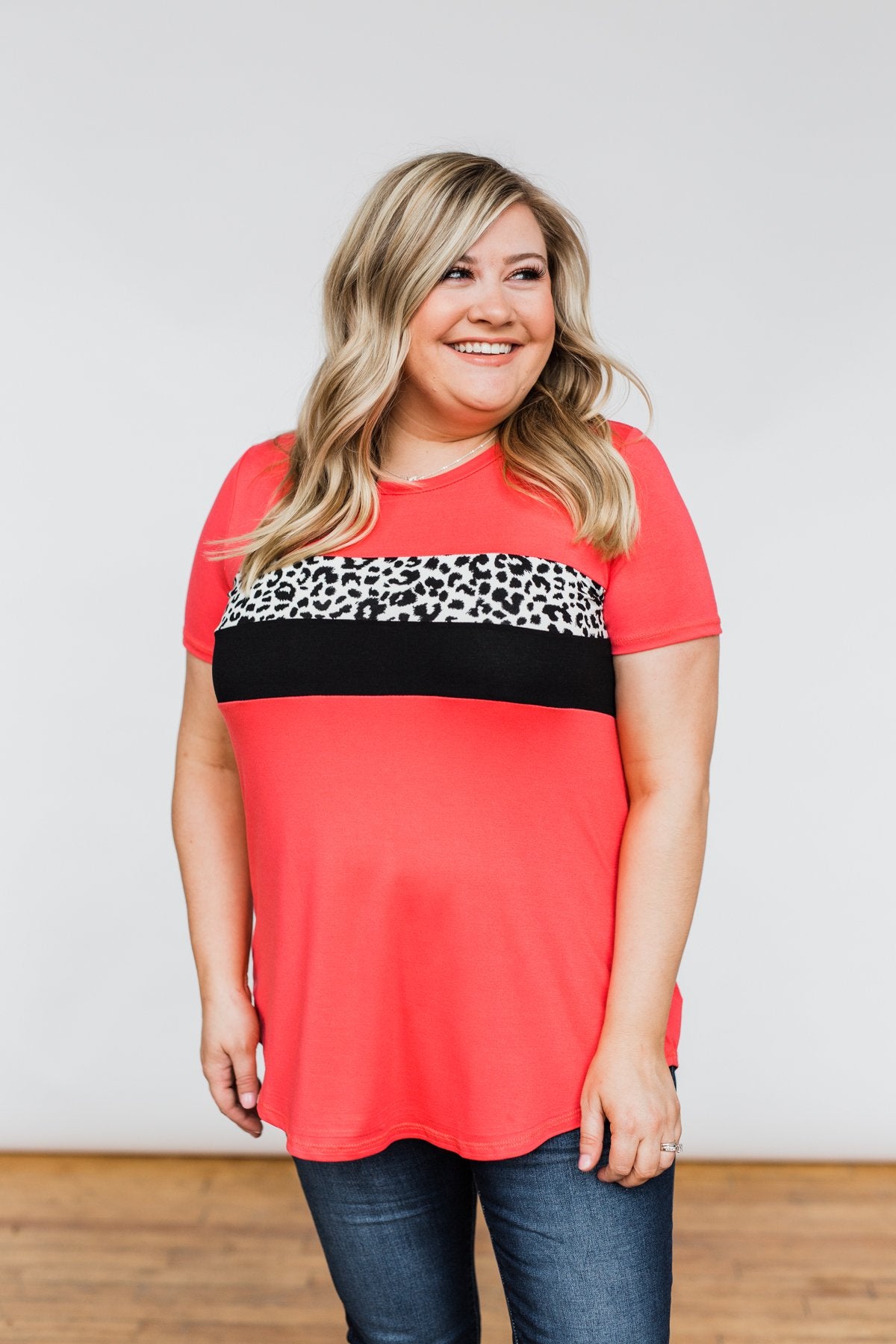 Brighten Your Day Leopard Stripe Top- Deep Coral