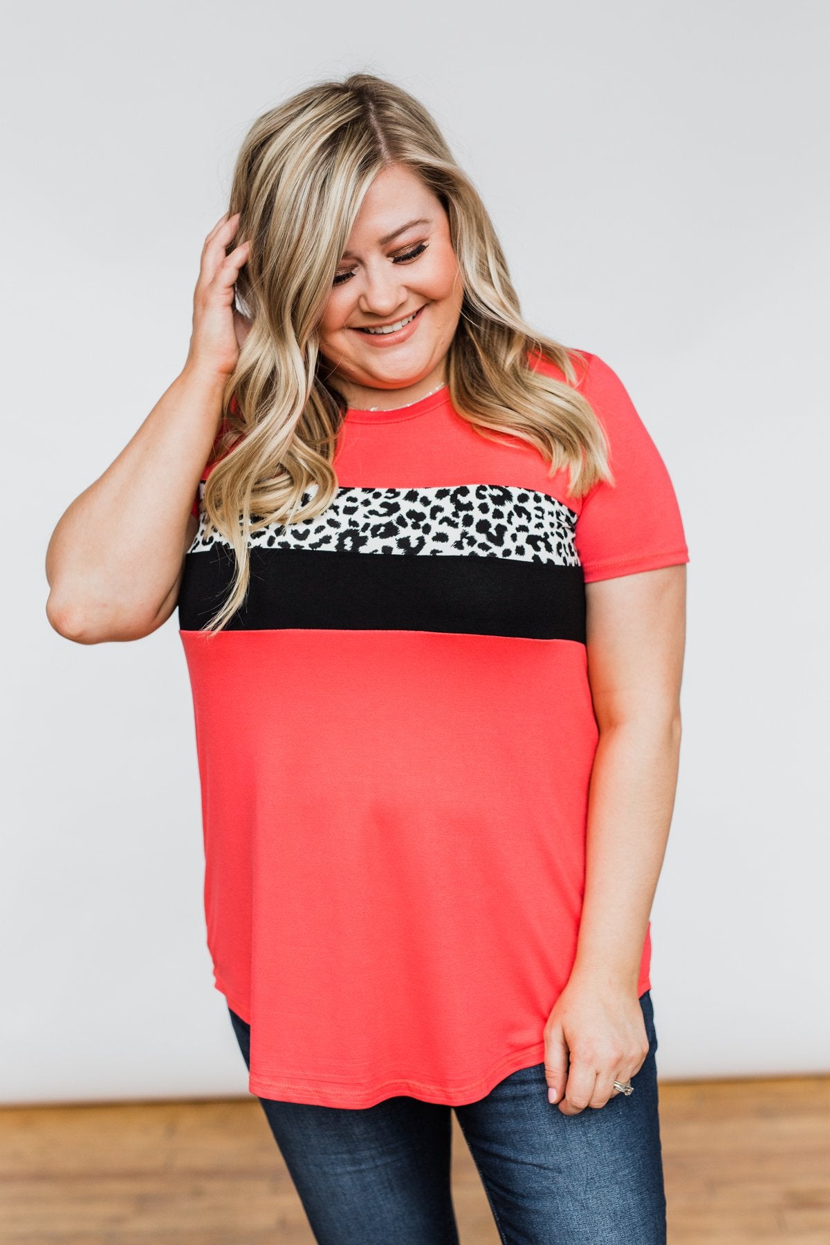 Brighten Your Day Leopard Stripe Top- Deep Coral