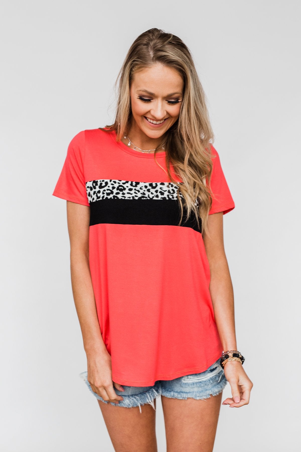 Brighten Your Day Leopard Stripe Top- Deep Coral