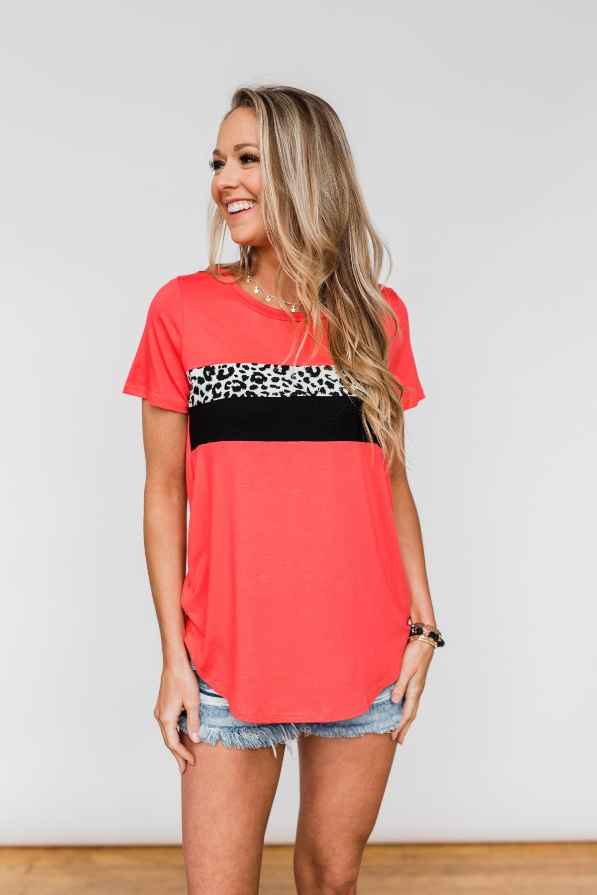 Brighten Your Day Leopard Stripe Top- Deep Coral