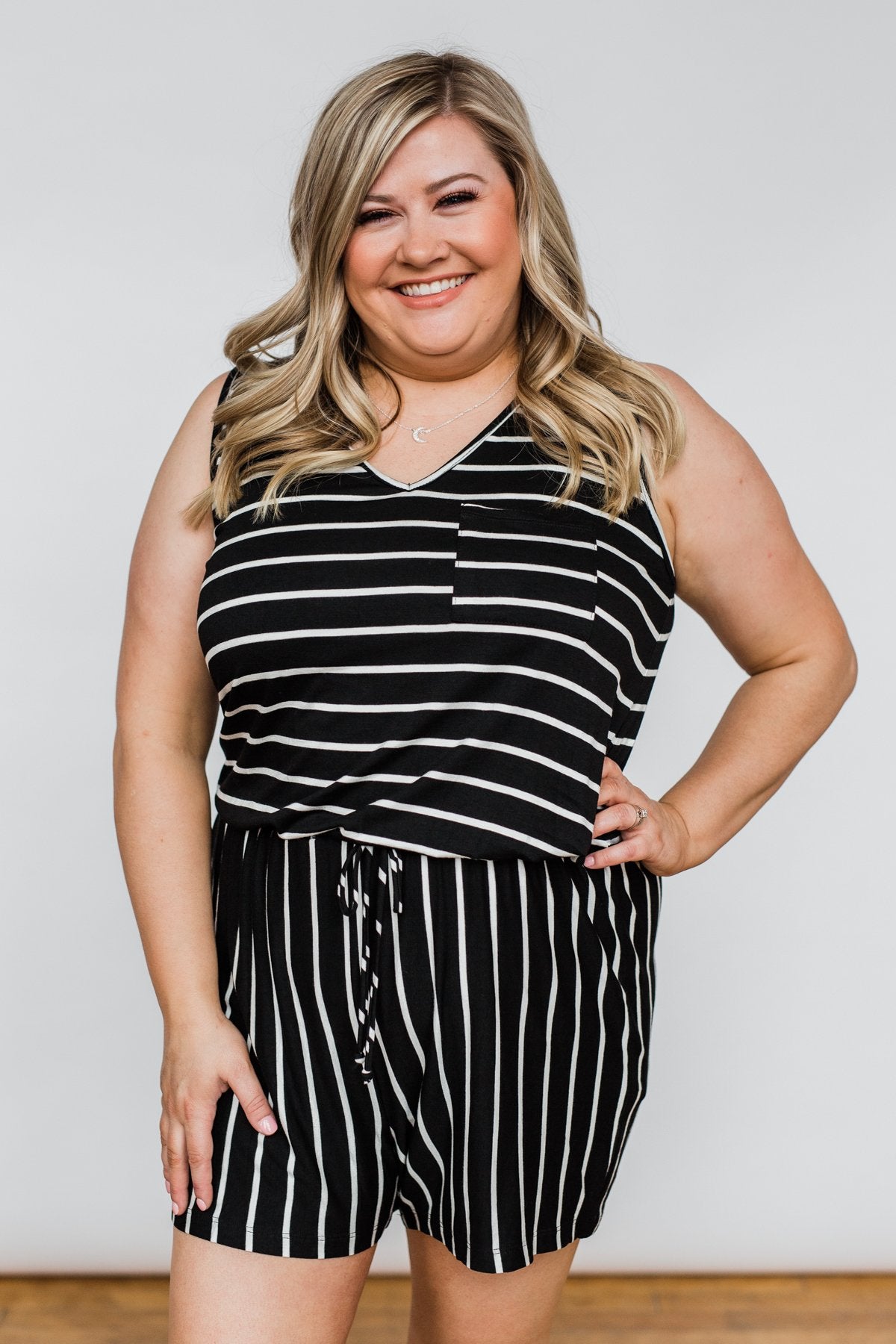 Sleeveless Striped Drawstring Romper- Black & Ivory
