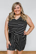Sleeveless Striped Drawstring Romper- Black & Ivory